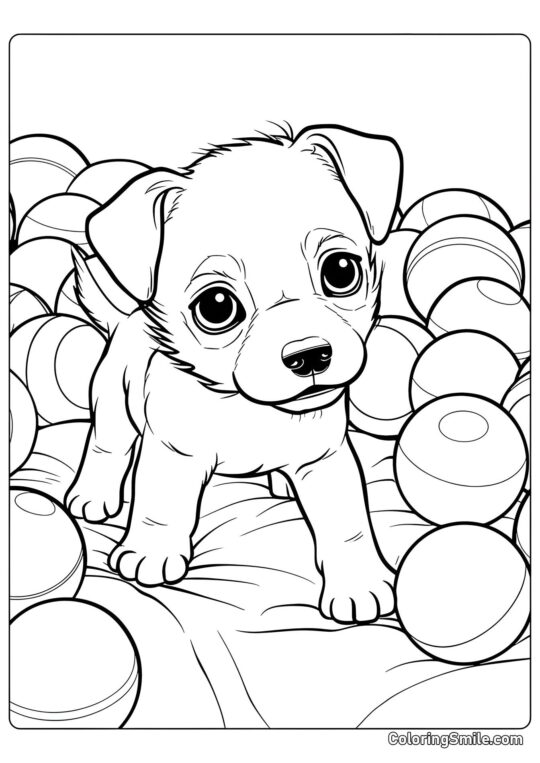 Mignon chiot avec des balles - Page de Coloriage