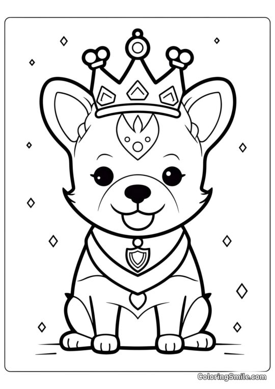 Mignon chiot avec une couronne - Page de Coloriage