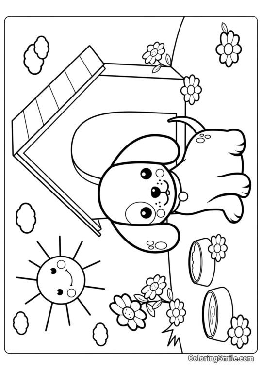 Chiot près du chenil pour enfants - Page de Coloriage