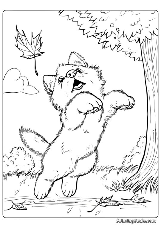 Chiot sautant après une feuille d&rsquo;automne - Page de Coloriage