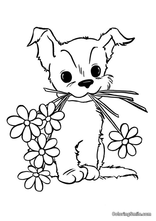 Chien et fleurs - Page de Coloriage