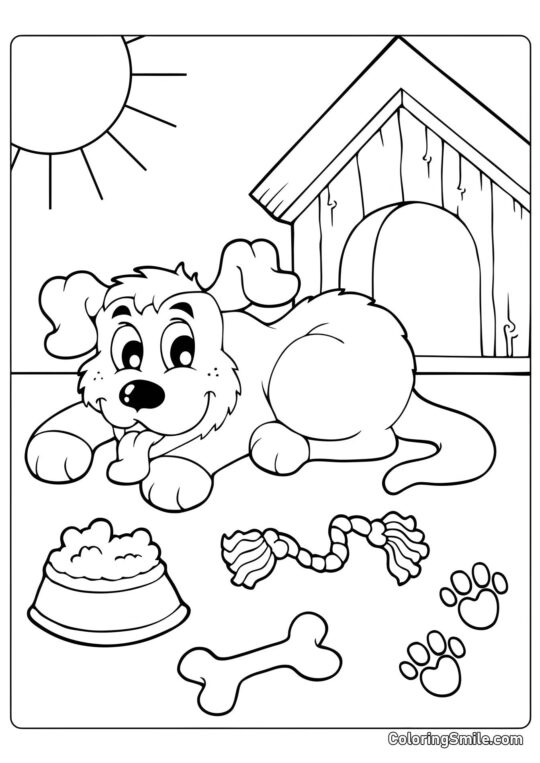 Chien avec un os près du chenil - Page de Coloriage