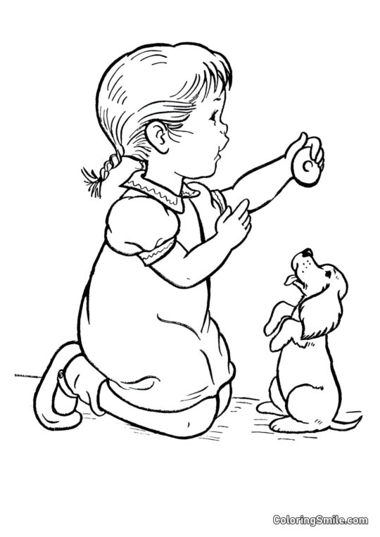 Fille traite son chien - Page de Coloriage