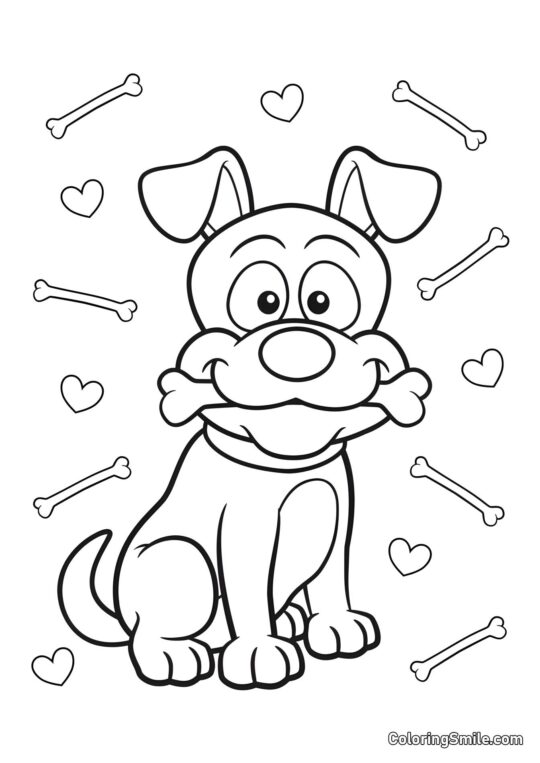 Chien mignon avec un os - Page de Coloriage