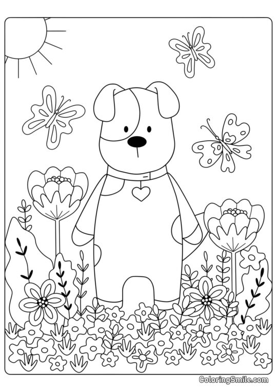 Chien de conte de fées avec des fleurs - Page de Coloriage