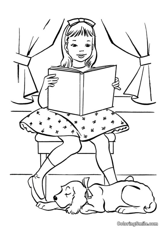 Chien dormant pendant que la fille lit un livre - Page de Coloriage