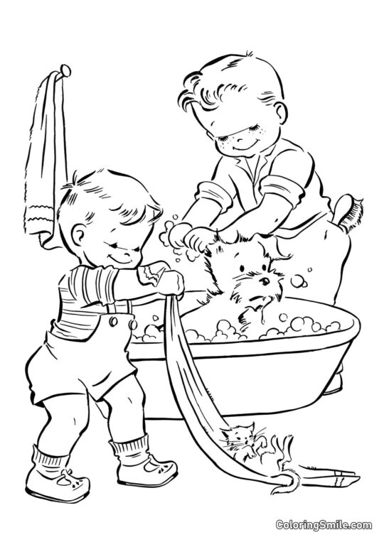 Jour de bain pour le chat et le chien - Page de Coloriage