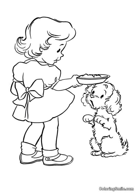 Fille donnant à manger au chien - Page de Coloriage