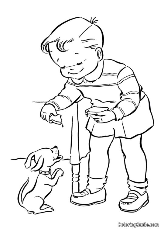 Enfant a reçu un chiot en cadeau - Page de Coloriage