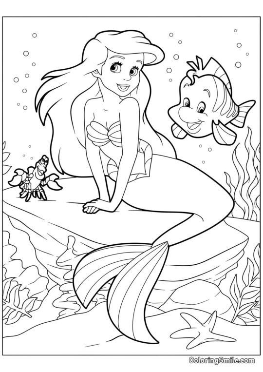 Ariel assise avec des amis - Page de Coloriage