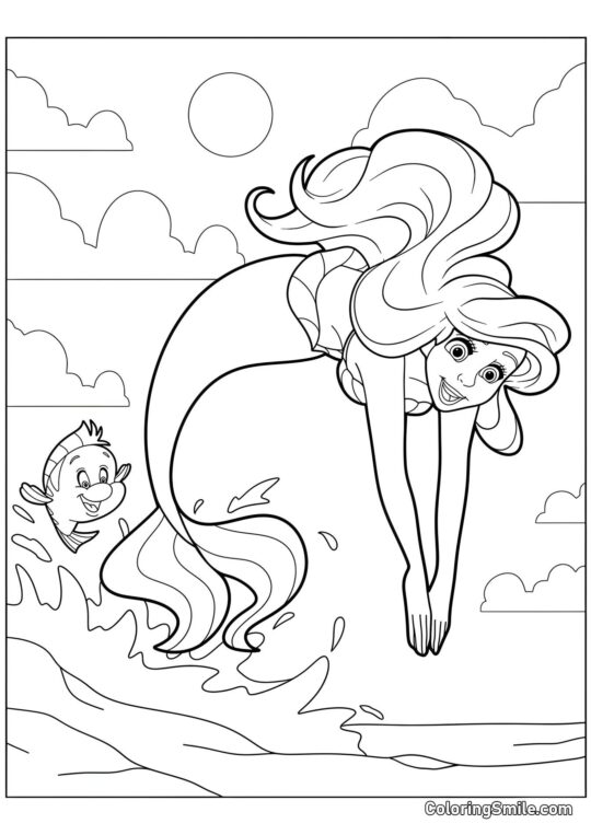 Ariel la sirène plongeant dans la mer - Page de Coloriage