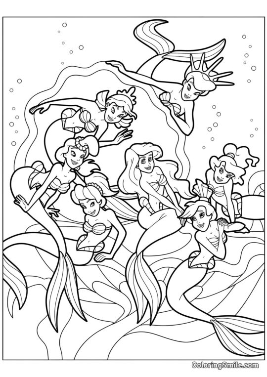 Ariel la sirène avec ses sœurs - Page de Coloriage