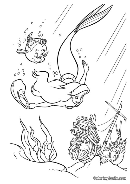 La sirène et le navire englouti - Page de Coloriage