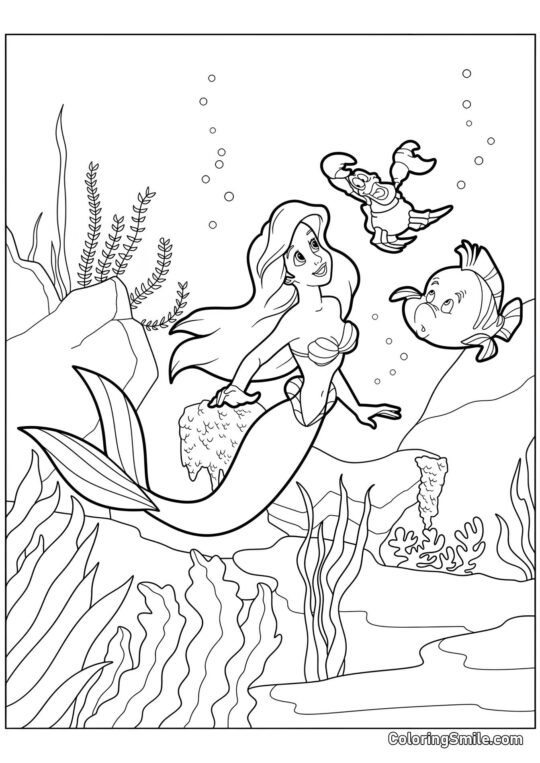 La sirène avec crabe et poisson - Page de Coloriage