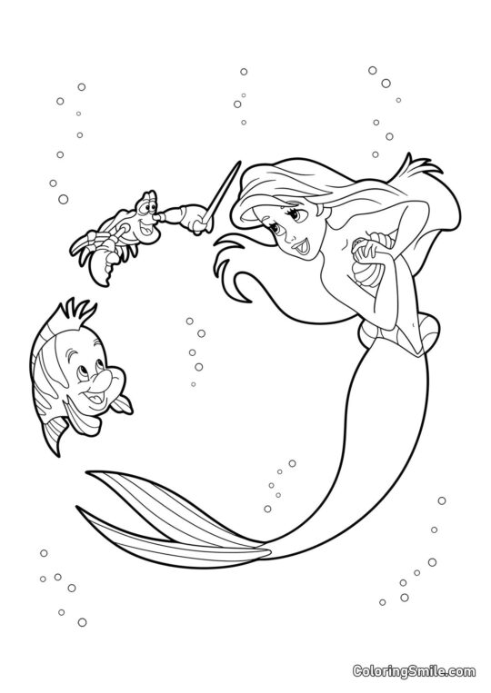 La sirène, Poisson Clown et Sébastien - Page de Coloriage