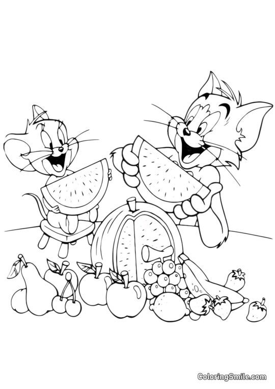 Tom et Jerry mangeant de la pastèque - Page de Coloriage