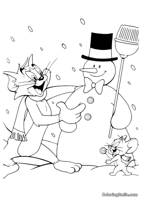 Tom et Jerry ont construit un bonhomme de neige - Page de Coloriage