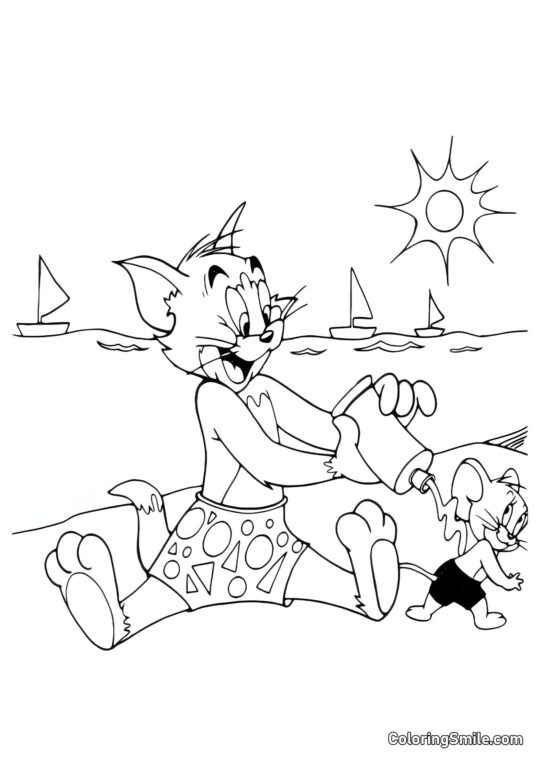Tom appliquant de la crème solaire sur Jerry - Page de Coloriage