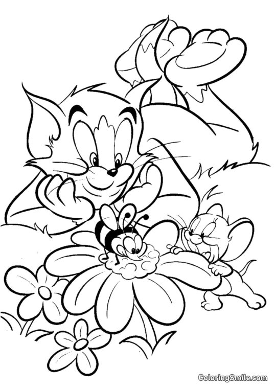 Tom, Jerry et une abeille - Page de Coloriage