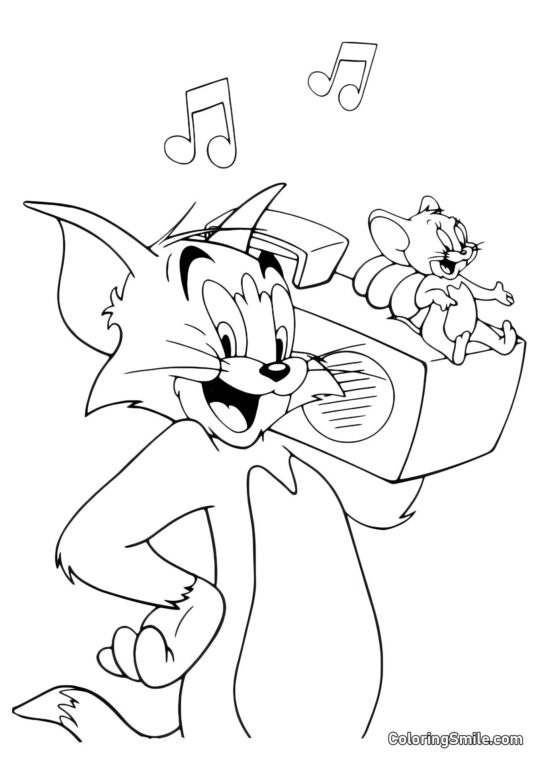 Tom et Jerry écoutant de la musique - Page de Coloriage