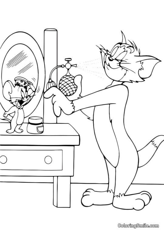 Tom et Jerry se toilettant devant un miroir - Page de Coloriage