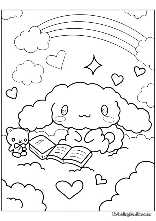 Cinnamoroll en peluche avec un livre - Page de Coloriage