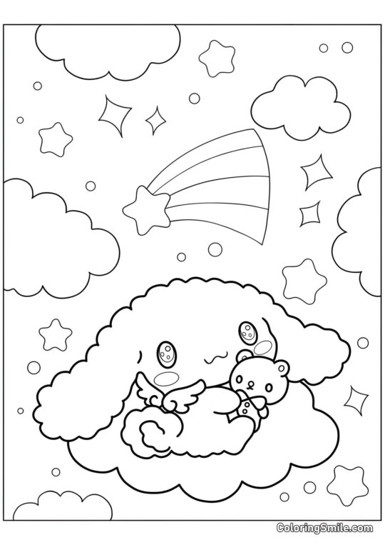 Cinnamoroll avec des ailes dans le ciel - Page de Coloriage