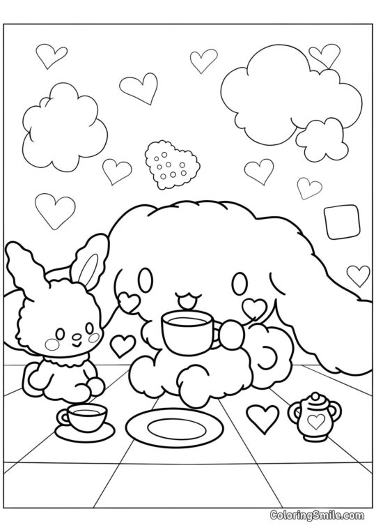 Cinnamoroll en peluche buvant du thé avec un ami - Page de Coloriage