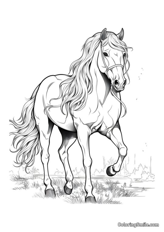 Cheval broutant dans la prairie - Page de Coloriage