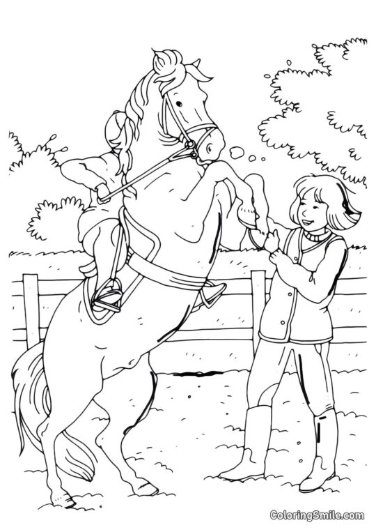 Enfants jouant avec un cheval - Page de Coloriage
