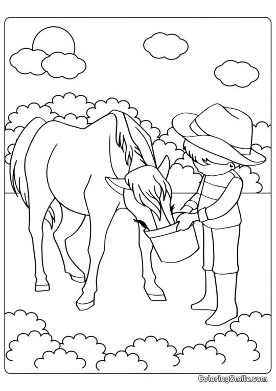 Enfant nourrissant un cheval - Page de Coloriage