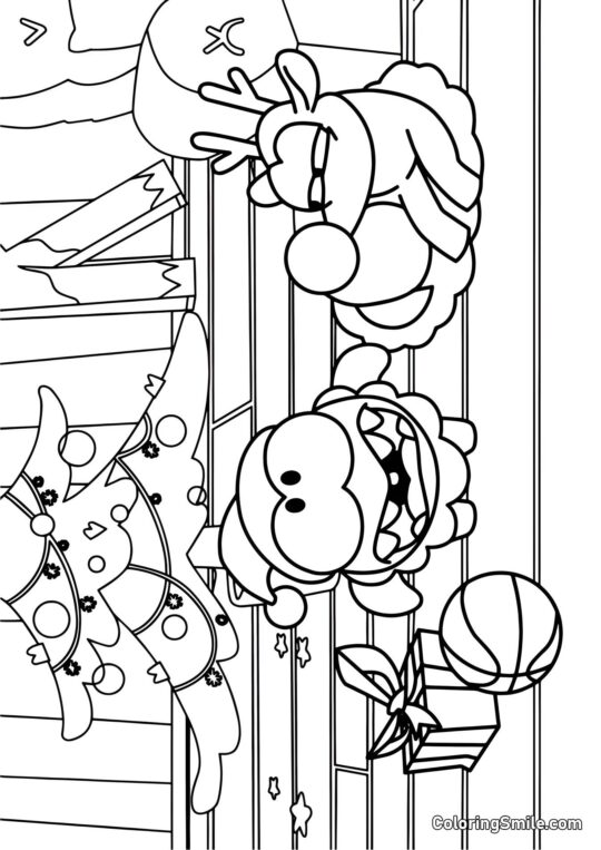 Om Nom à Noël avec un Arbre et un Renne Om Nom à Noël avec un Arbre et un Renne - Page de Coloriage