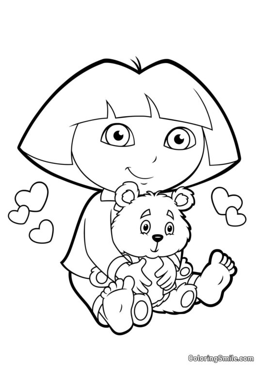 Dora avec un ourson - Page de Coloriage