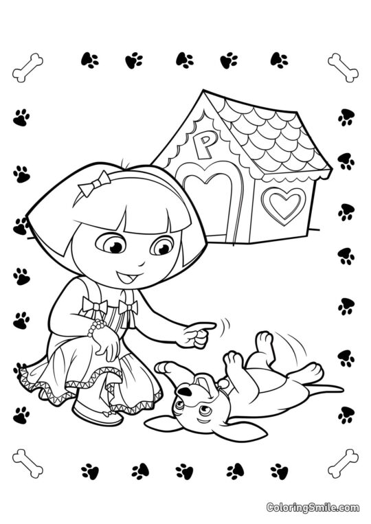 Dora l&rsquo;exploratrice joue avec un chiot - Page de Coloriage