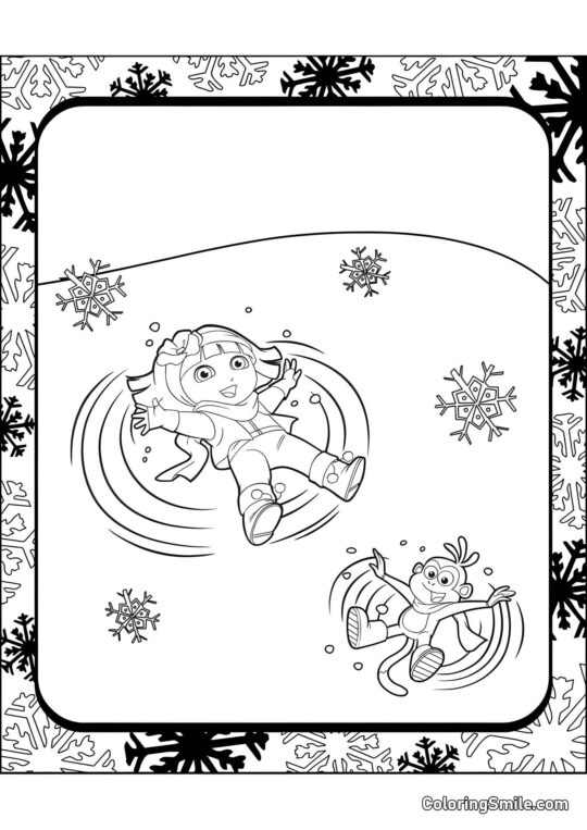 Dora l&rsquo;exploratrice et le singe dans la neige - Page de Coloriage