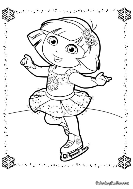 Dora en robe de flocon de neige sur des patins - Page de Coloriage