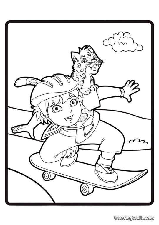 Diego sur un skateboard - Page de Coloriage