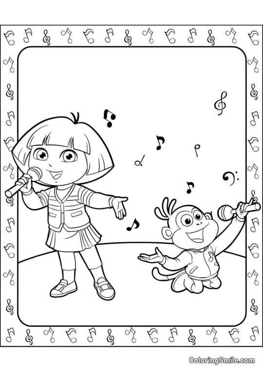 Dora et Bottes chantent au karaoké - Page de Coloriage