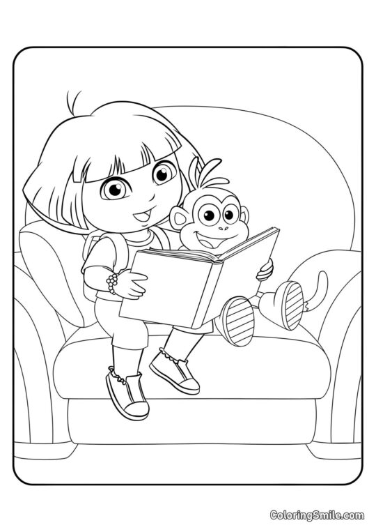 Dora lit un livre sur Alice - Page de Coloriage