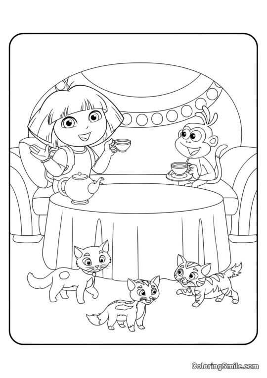 Thé avec Dora l&rsquo;exploratrice - Page de Coloriage