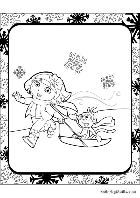 Dora et Bottes sur une luge - Page de Coloriage