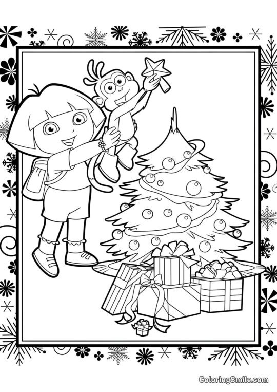 Dora et Bottes décorent le sapin de Noël - Page de Coloriage