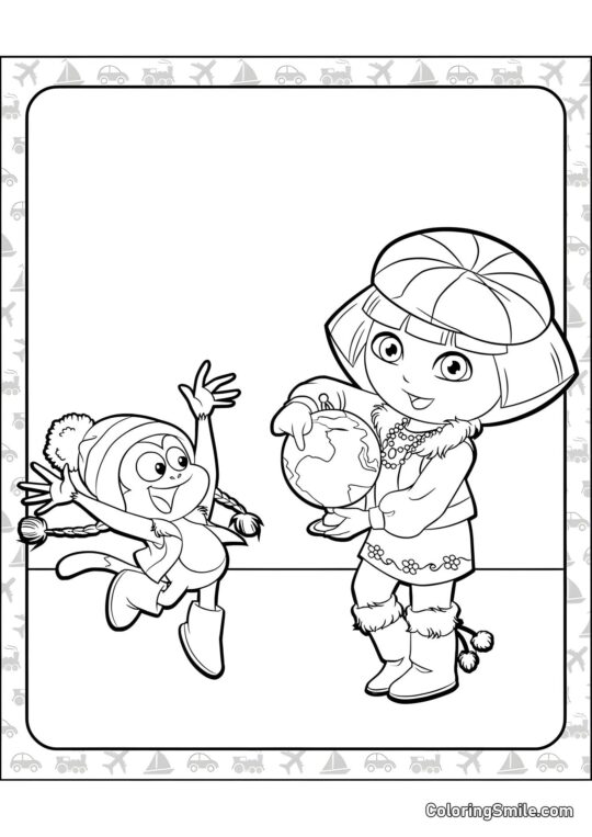 Dora l&rsquo;exploratrice avec un globe - Page de Coloriage