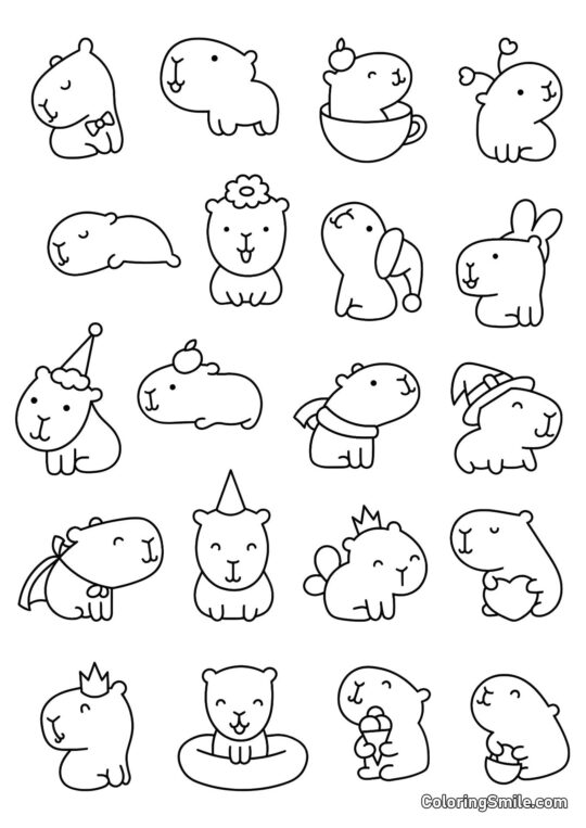 Ensemble de Capybaras simples - Page de Coloriage