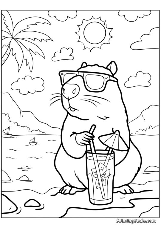 Capybara avec des lunettes sur la plage - Page de Coloriage