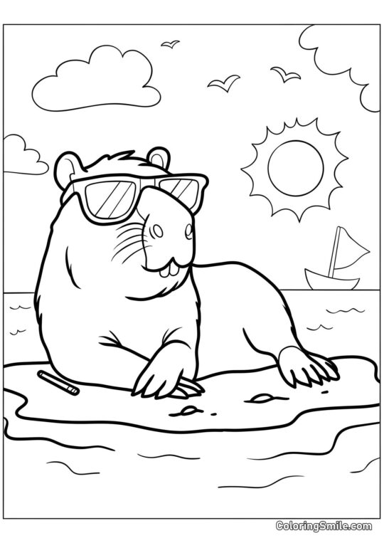 Capybara prenant le soleil sur la plage - Page de Coloriage