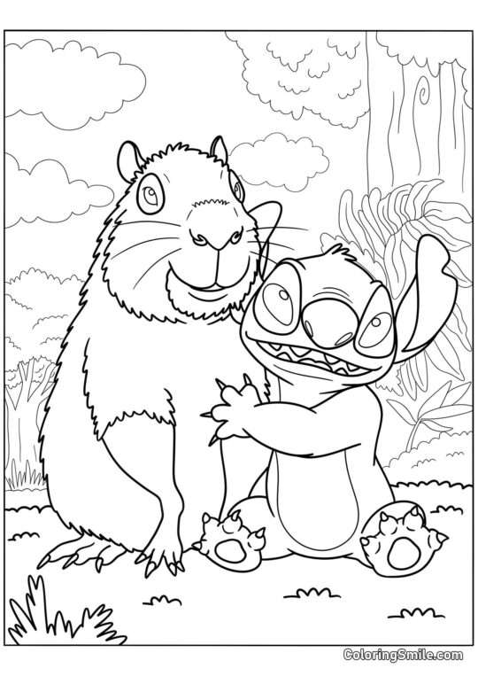 Capybara avec Stitch - Page de Coloriage