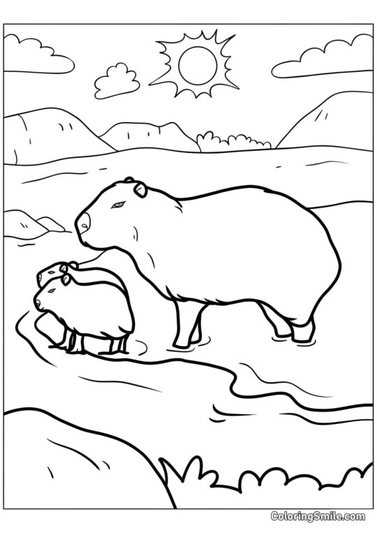 Maman Capybara avec des enfants - Page de Coloriage