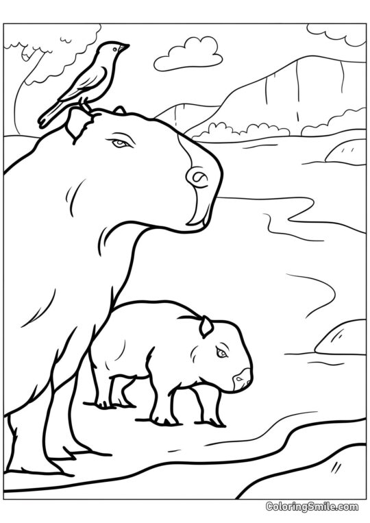 Capybara avec un oiseau sur la tête - Page de Coloriage