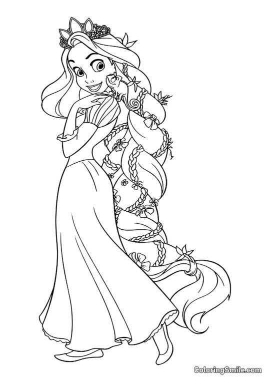Raiponce tressant ses cheveux avec des fleurs - Page de Coloriage